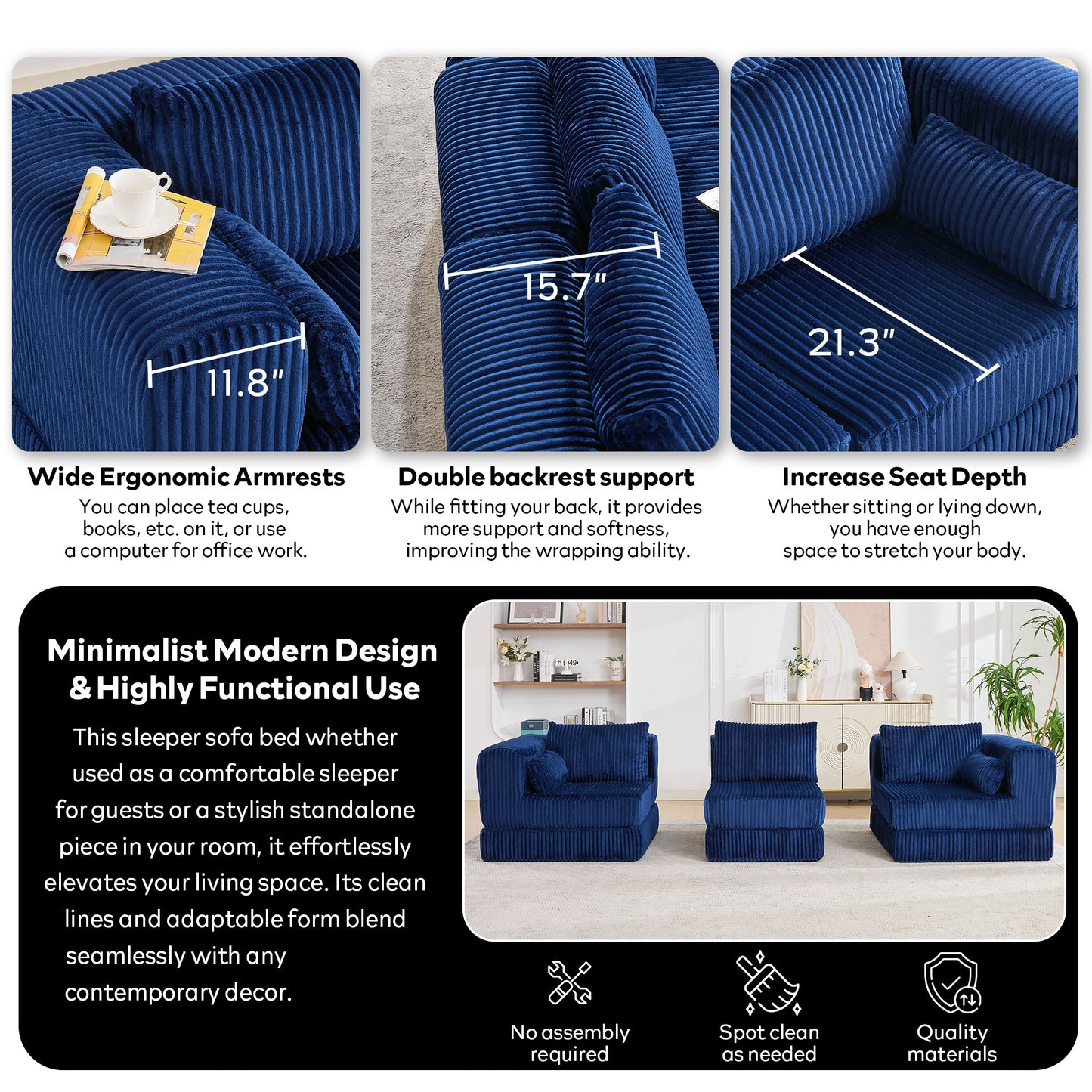STHOUYN 106" Corduroy Folding Convertible Sleeper Sofa Bed, Blue Pull Out Floor Modular Couch with Pillow, Memory Foam Boneless Couchs Sectional for Living Room Bedroom (3, Navy Blue)