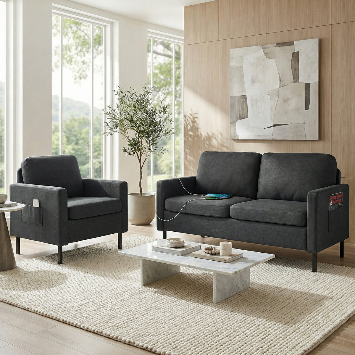 STHOUYN 2 Piece Grey Loveseat Chair, Living Room Couch Set Office Lobby Furniture