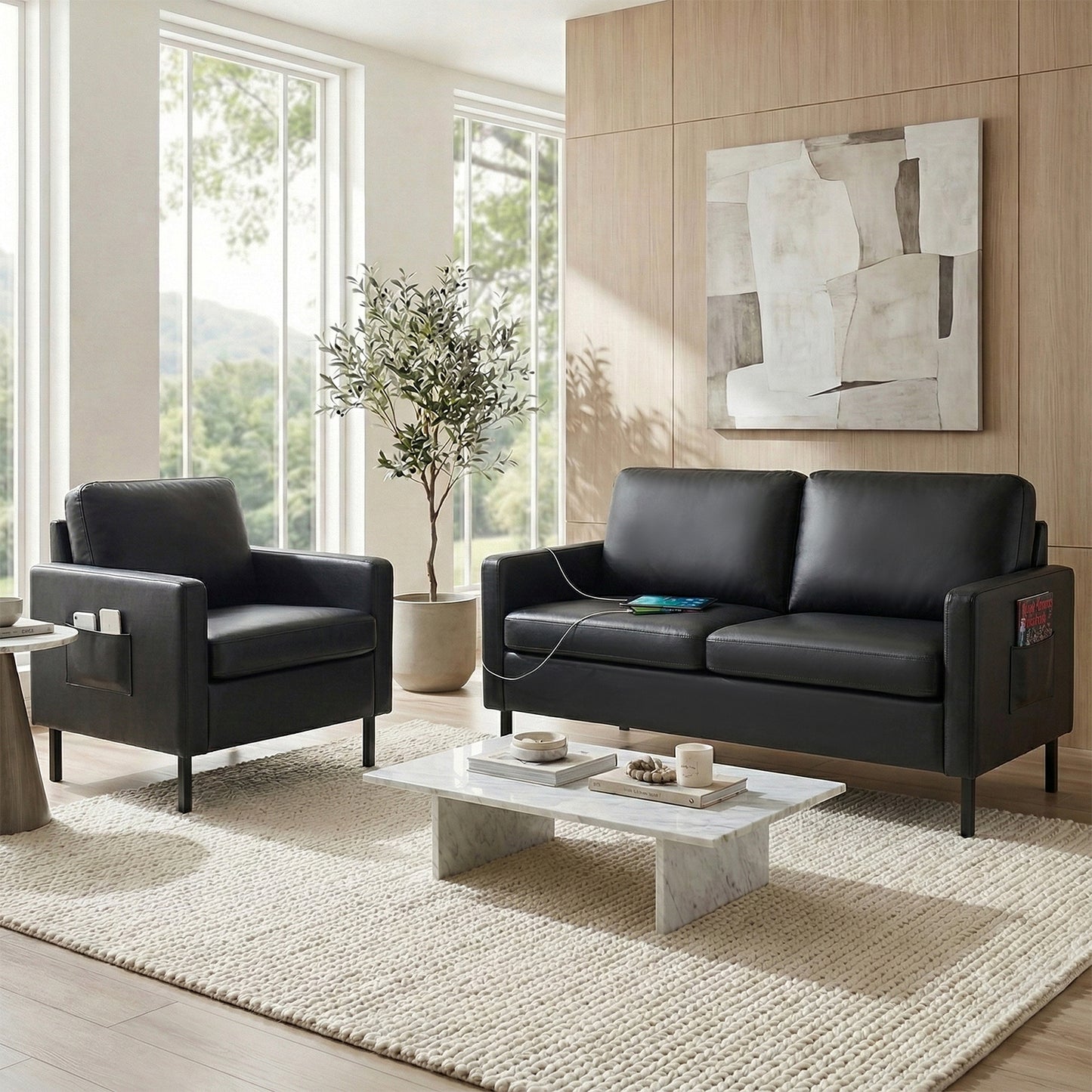 STHOUYN Modern 2-Piece Living Room Set, 56" Black Faux Leather Sofa Loveseat with USB Ports, Small Couch and Chair Set for Small Space, Apartment, Office (Black, 1 Chair + 1 Loveseat)