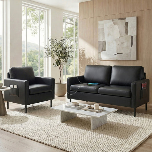 STHOUYN Modern 2-Piece Living Room Set, 56" Black Faux Leather Sofa Loveseat with USB Ports, Small Couch and Chair Set for Small Space, Apartment, Office (Black, 1 Chair + 1 Loveseat)