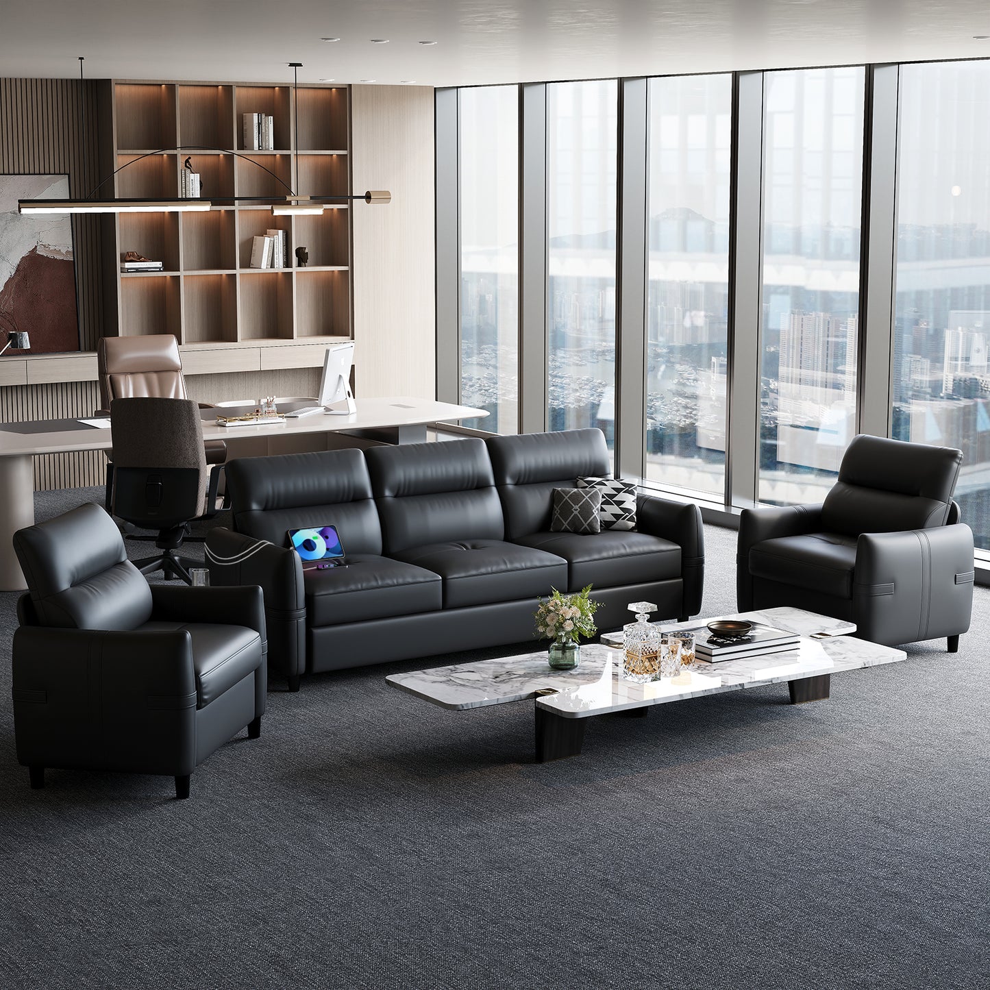 STHOUYN 85” Black Leather Couch w/Chairs, Comfy Leather Couch w/USB Charge, 3 Pieces Furniture Sets for Living Room, Apartment, Office