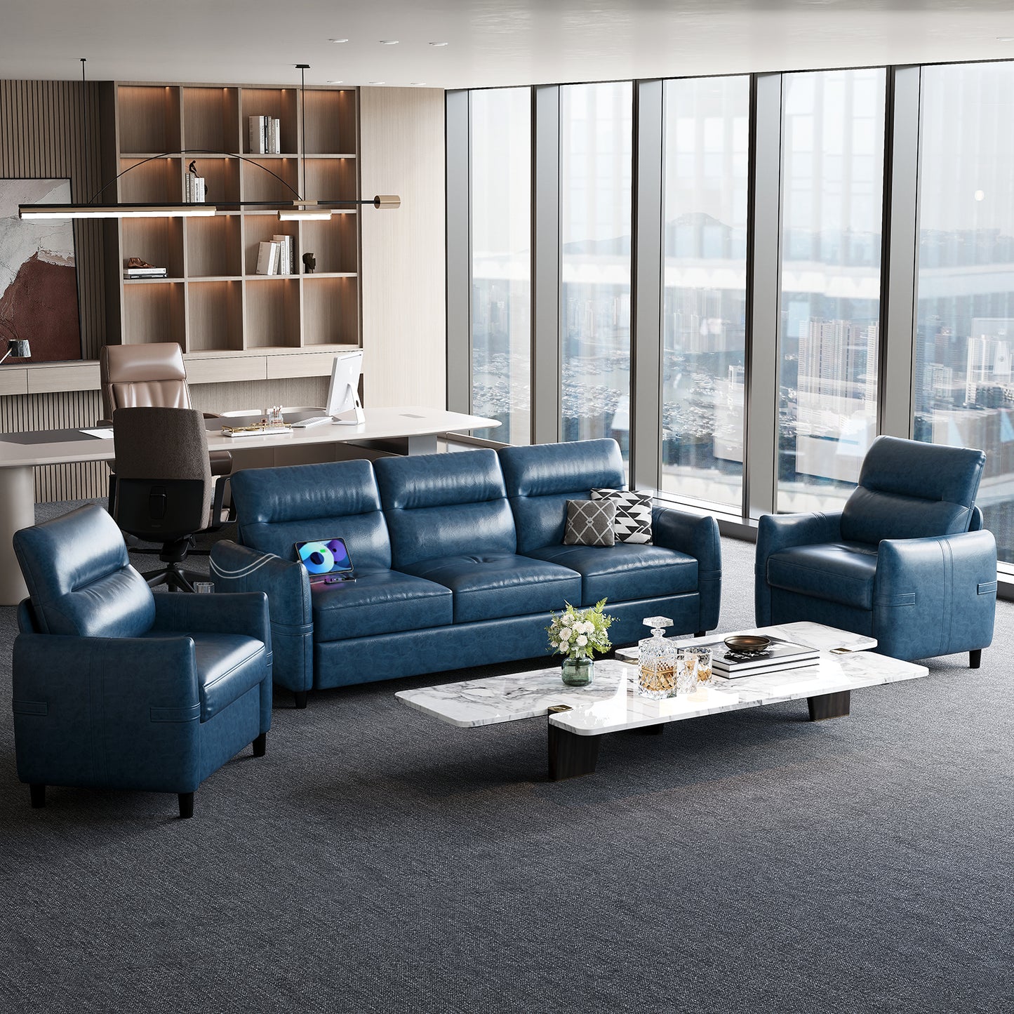 STHOUYN 85” Blue Faux Leather Couch with USB, 3 Seater Couch for Living Room, Large Mid Century Modern Office Sofa for Apartment, Bedroom