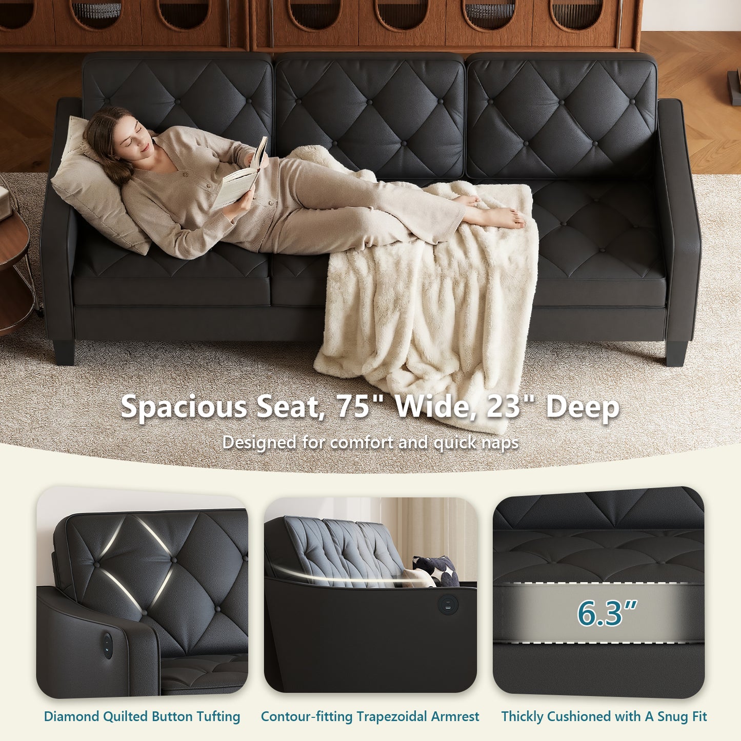 83” Black Faux Leather Couches for Living Room, Comfy 3 Seater Couch, Mid Century Sofa with Tufted Design, Office, or Waiting Area (Black) (Black Leather) (Black (1 Couch + 2 Chairs))
