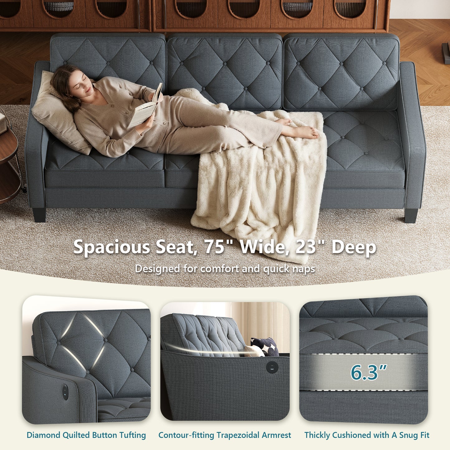 STHOUYN 83” Grey Sofas & Couches, Small 3-Seater Sofa for Living Room, Apartment Size Couch, Comfy Mini Couch Living Space Couch Tufted Design, Office, or Waiting Area (Grey)