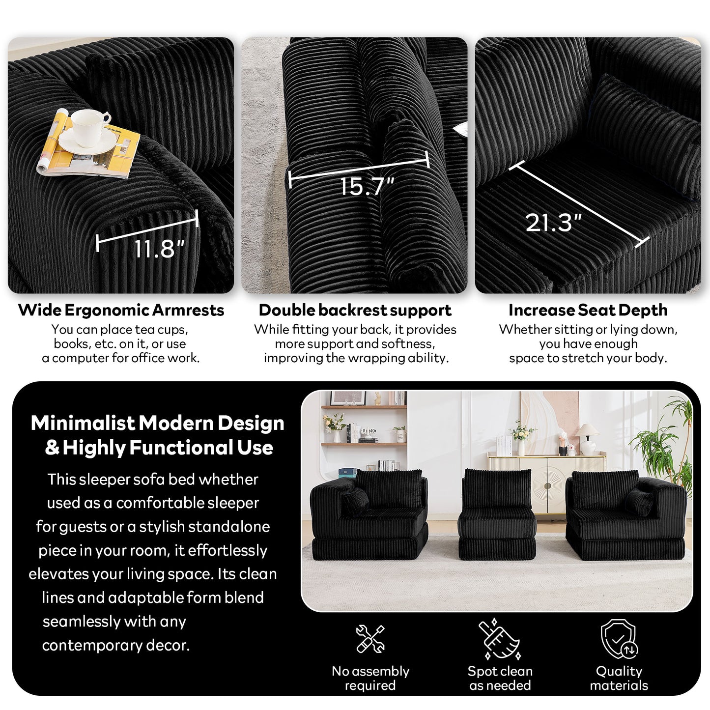 STHOUYN 106" Corduroy Folding Convertible Sleeper Sofa Bed, Black Pull Out Floor Modular Couch with Pillow, Memory Foam Boneless Couchs Sectional for Living Room Bedroom (3, Black)