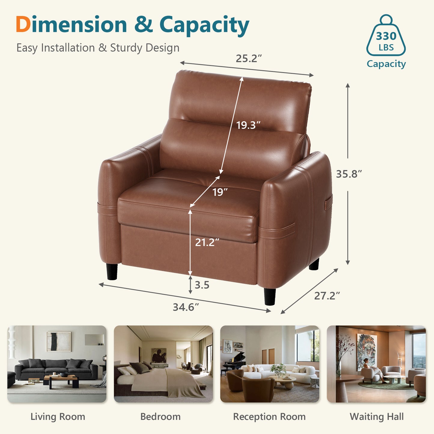 STHOUYN Oversized Leather Accent Chairs for Living Room, Comfy Upholstered Deep Seat Armchair for Adults, Mid Century Modern Arm Chair for Office, Bedroom, Apartment, Reading & Waiting Room (2, Brown)