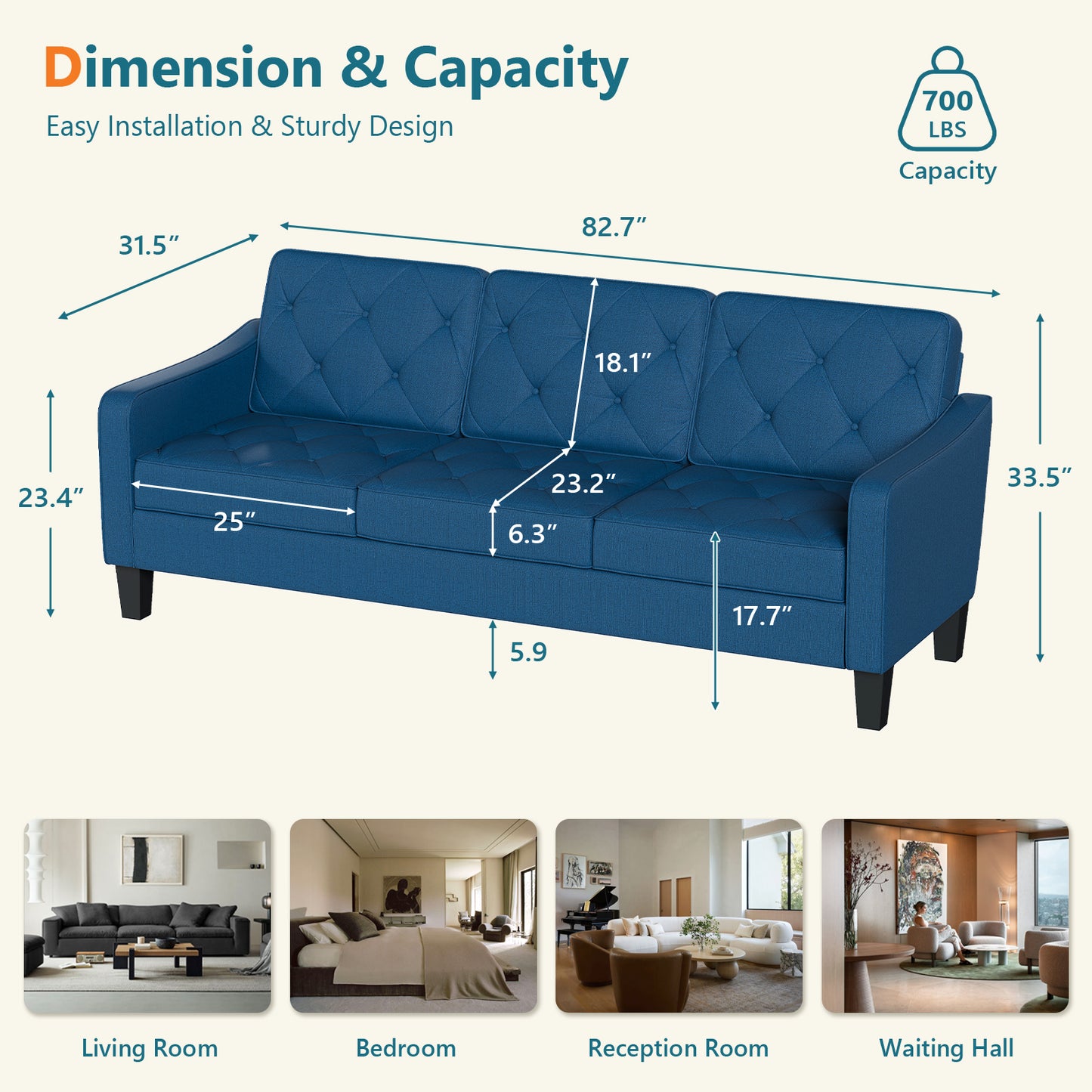 STHOUYN 83” Mid Century Modern 3 Seater Couch, Comfy Blue Couch for Apartment Office Waiting Area, Small Couches for Living Room, Tufted Design (Blue)