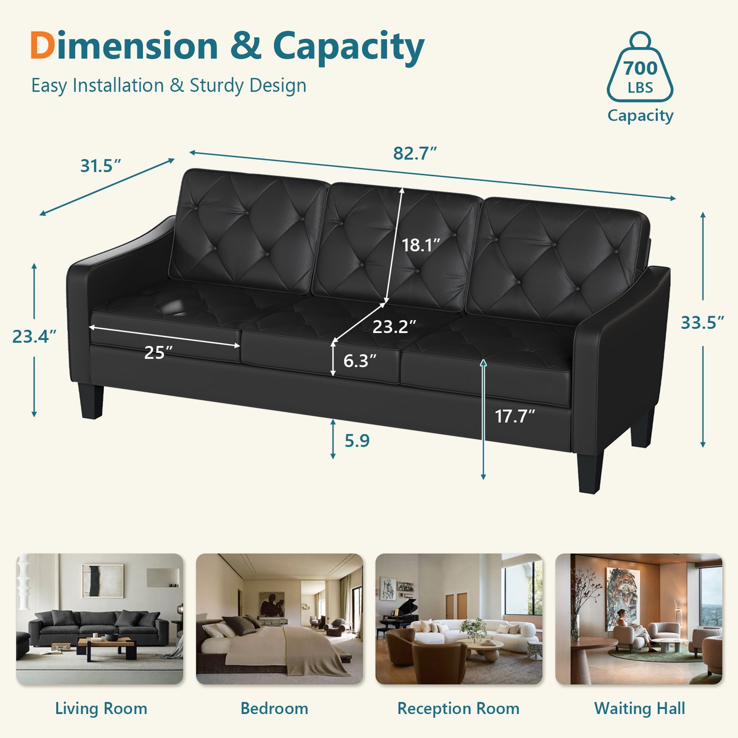 83” Black Faux Leather Couches for Living Room, Comfy 3 Seater Couch, Mid Century Sofa with Tufted Design, Office, or Waiting Area (Black) (Black Leather) (Black (Leather))