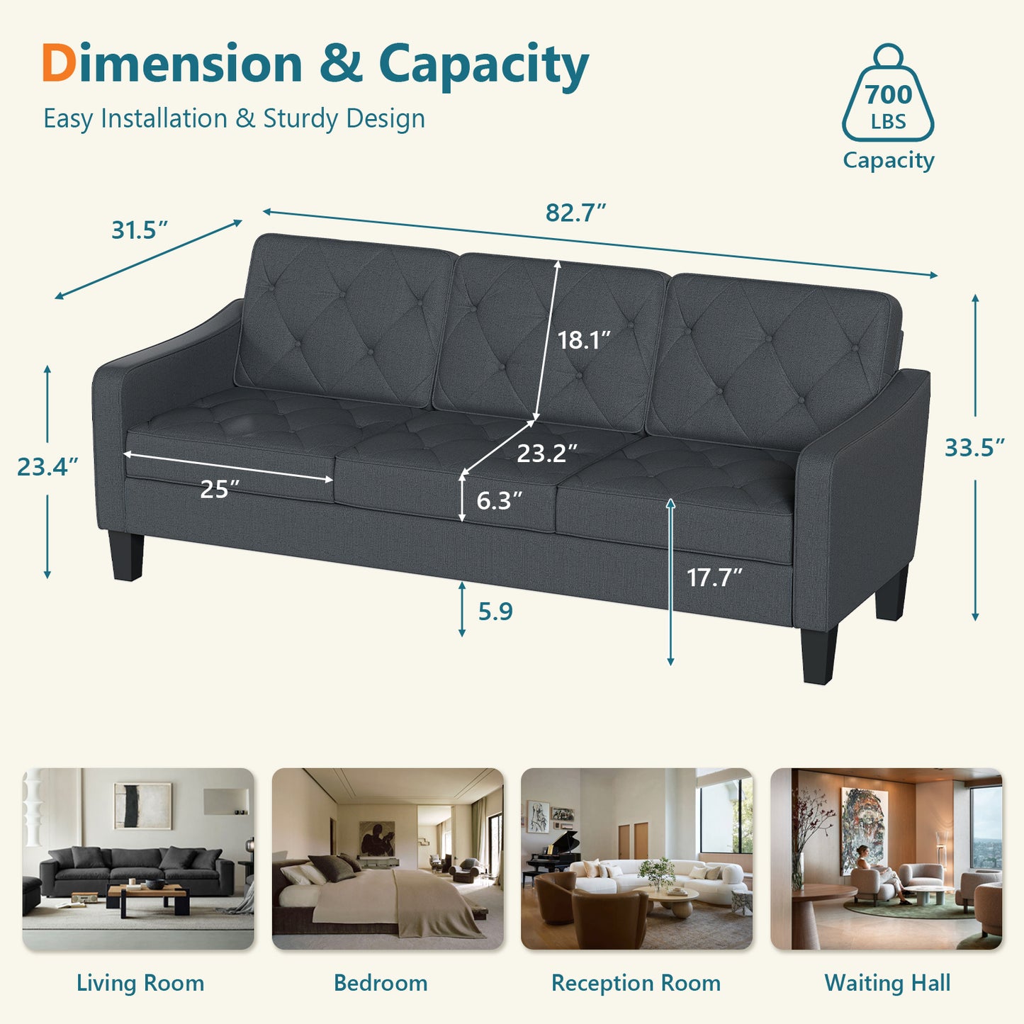 STHOUYN 83” Grey Sofas & Couches, Small 3-Seater Sofa for Living Room, Apartment Size Couch, Comfy Mini Couch Living Space Couch Tufted Design, Office, or Waiting Area (Grey)