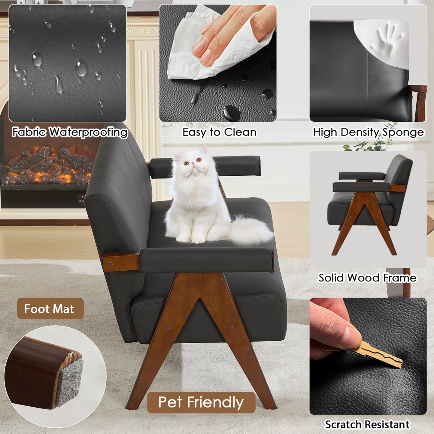 STHOUYN 50" Black Leather Sofa, Small Comfy Office Loveseat Couch with Back, Mid Century Modern Wooden Love Seat Bench Waiting Room Furniture Couches for Living Room, Bedroom