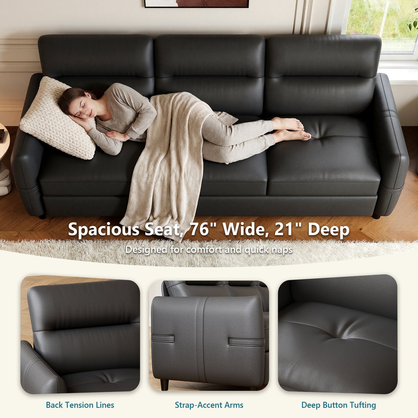 STHOUYN 85” Black Leather Couch w/Chairs, Comfy Leather Couch w/USB Charge, 2 Pieces Furniture Sets for Living Room, Apartment, Office