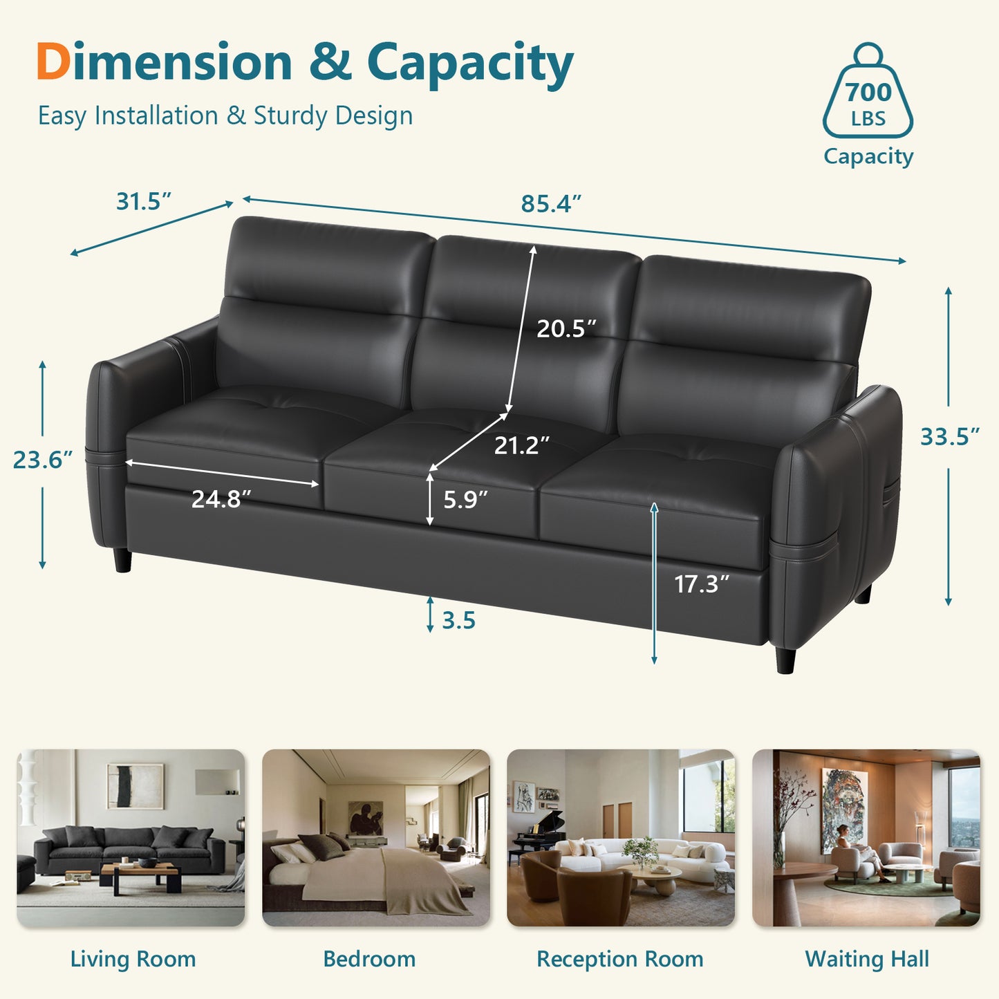 STHOUYN 85” Black Leather Couch w/Chairs, Comfy Leather Couch w/USB Charge, 2 Pieces Furniture Sets for Living Room, Apartment, Office