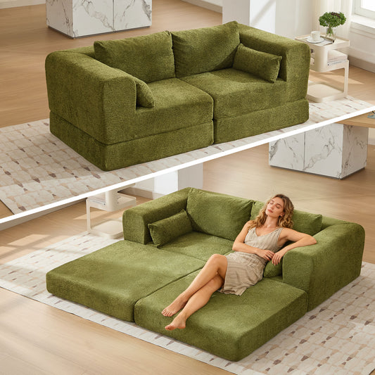 STHOUYN 79" Chenille Folding Convertible Sleeper Sofa Bed Queen, Green Pull Out Floor Modular Couch with Pillow, Memory Foam Boneless Couchs Sectional for Living Room Bedroom (2, Green)
