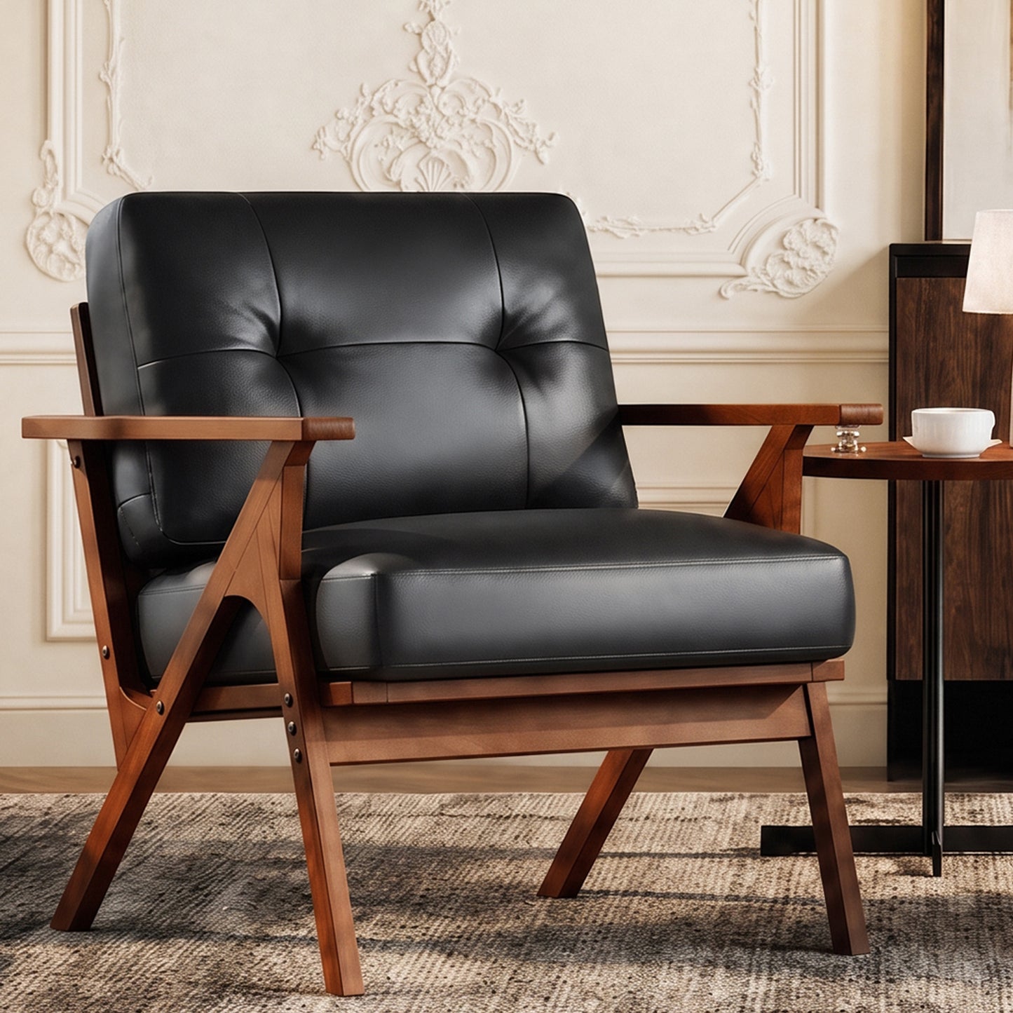 STHOUYN Black Faux Leather Accent Chairs Reading Chair Office Living Room