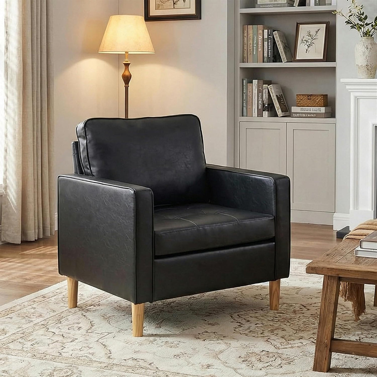 STHOUYN Faux Leather Accent Chair, Mid-Century Modern Armchair for Living Room