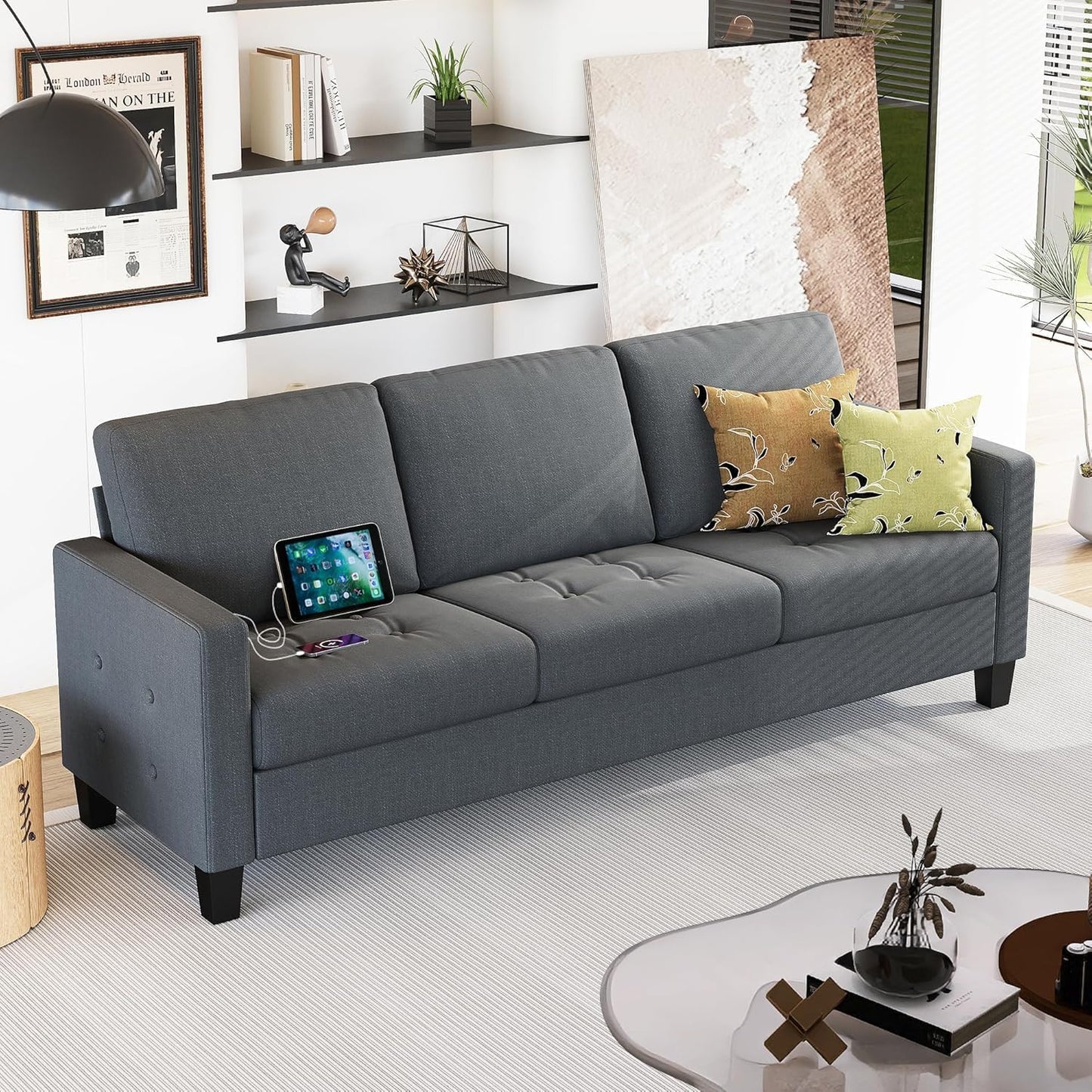 STHOUYN 73" W 3 Seater Sofa Couch with USB Ports, Grey Comfy Couches for Small Spaces, Mid Century Modern Couch Loveseat for Living Room, Apartment, Bedroom (Dark Grey)