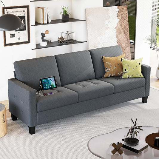 STHOUYN 73" W 3 Seater Sofa Couch with USB Ports, Grey Comfy Couches for Small Spaces, Mid Century Modern Couch Loveseat for Living Room, Apartment, Bedroom (Dark Grey)