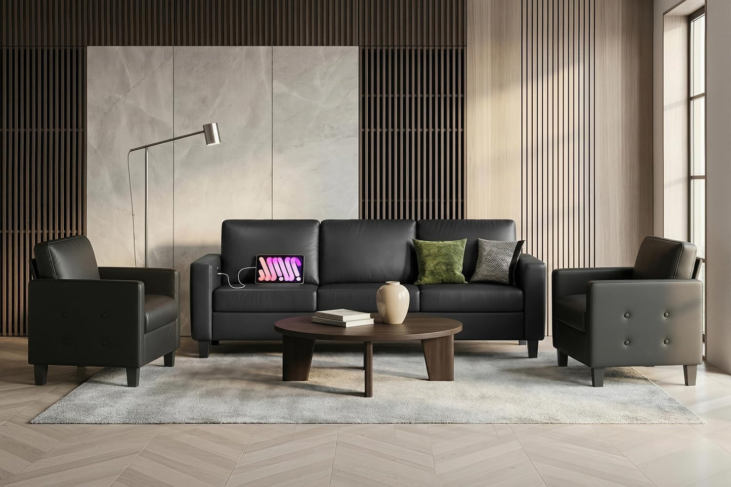 STHOUYN Black Faux Leather 3 Seater Sofa Couch and Accent Chair Set (3+1+1)