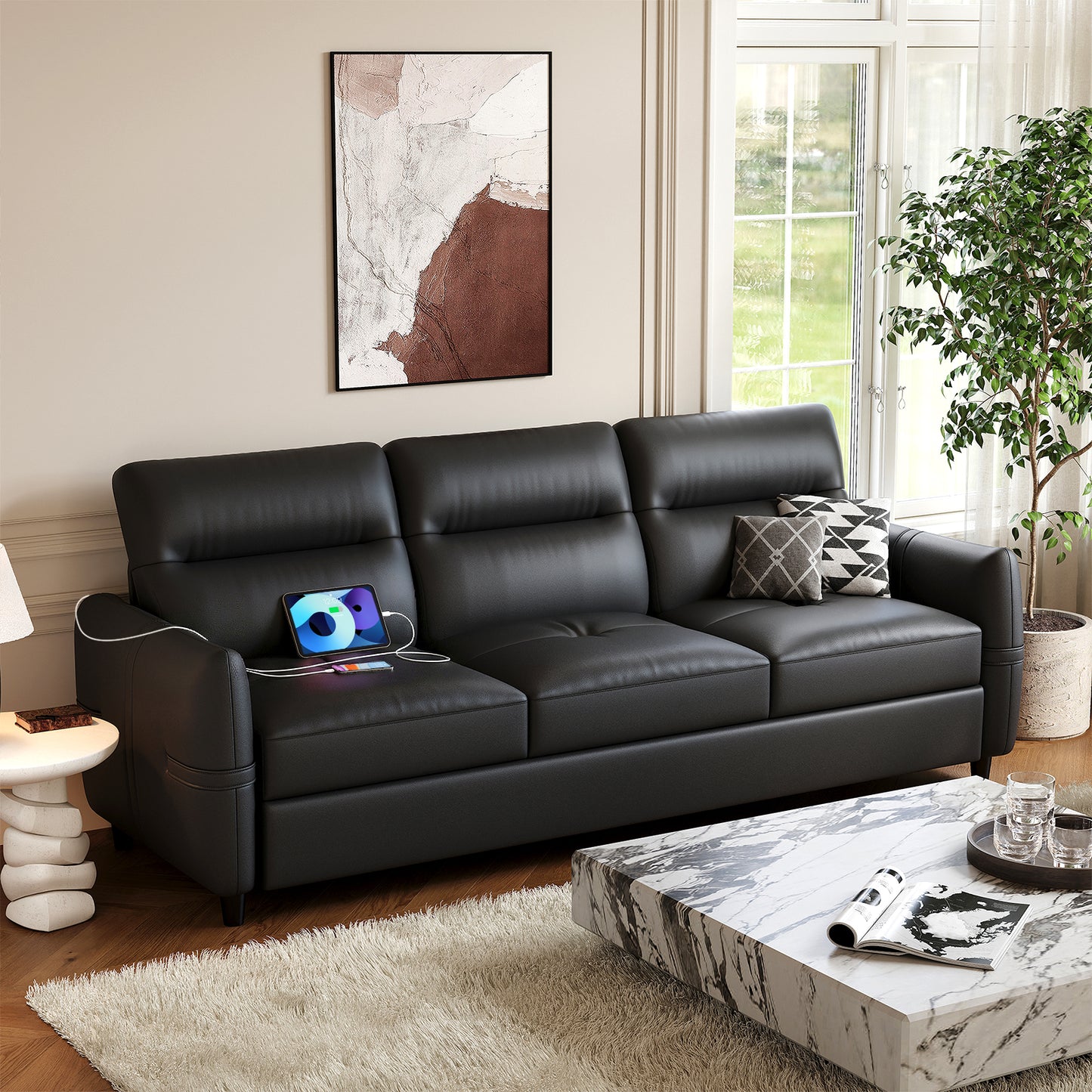 STHOUYN 85” Black Faux Leather Couch with USB, 3 Seater Couch for Living Room, Large Mid Century Modern Office Sofa for Apartment, Bedroom
