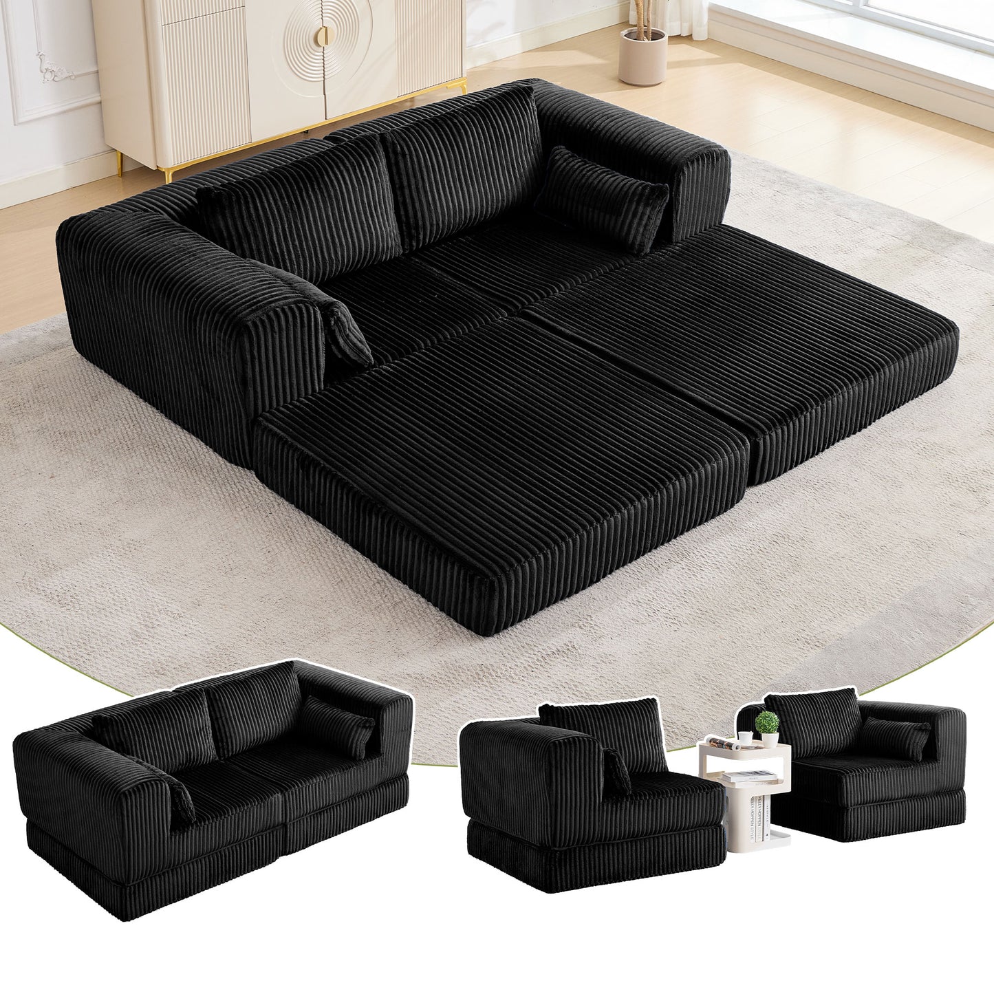 STHOUYN 79" Corduroy Folding Convertible Sleeper Sofa Bed Queen, Black Pull Out Floor Modular Couch with Pillow, Memory Foam Boneless Couchs Sectional for Living Room Bedroom (2, Black)