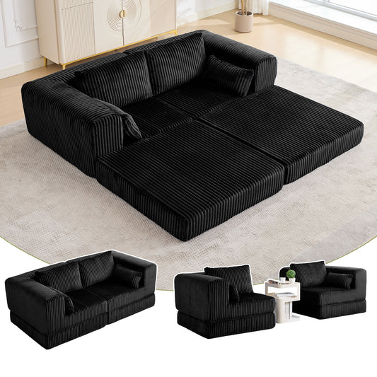 STHOUYN 79" Corduroy Folding Convertible Sleeper Sofa Bed Queen, Black Pull Out Floor Modular Couch with Pillow, Memory Foam Boneless Couchs Sectional for Living Room Bedroom (2, Black)