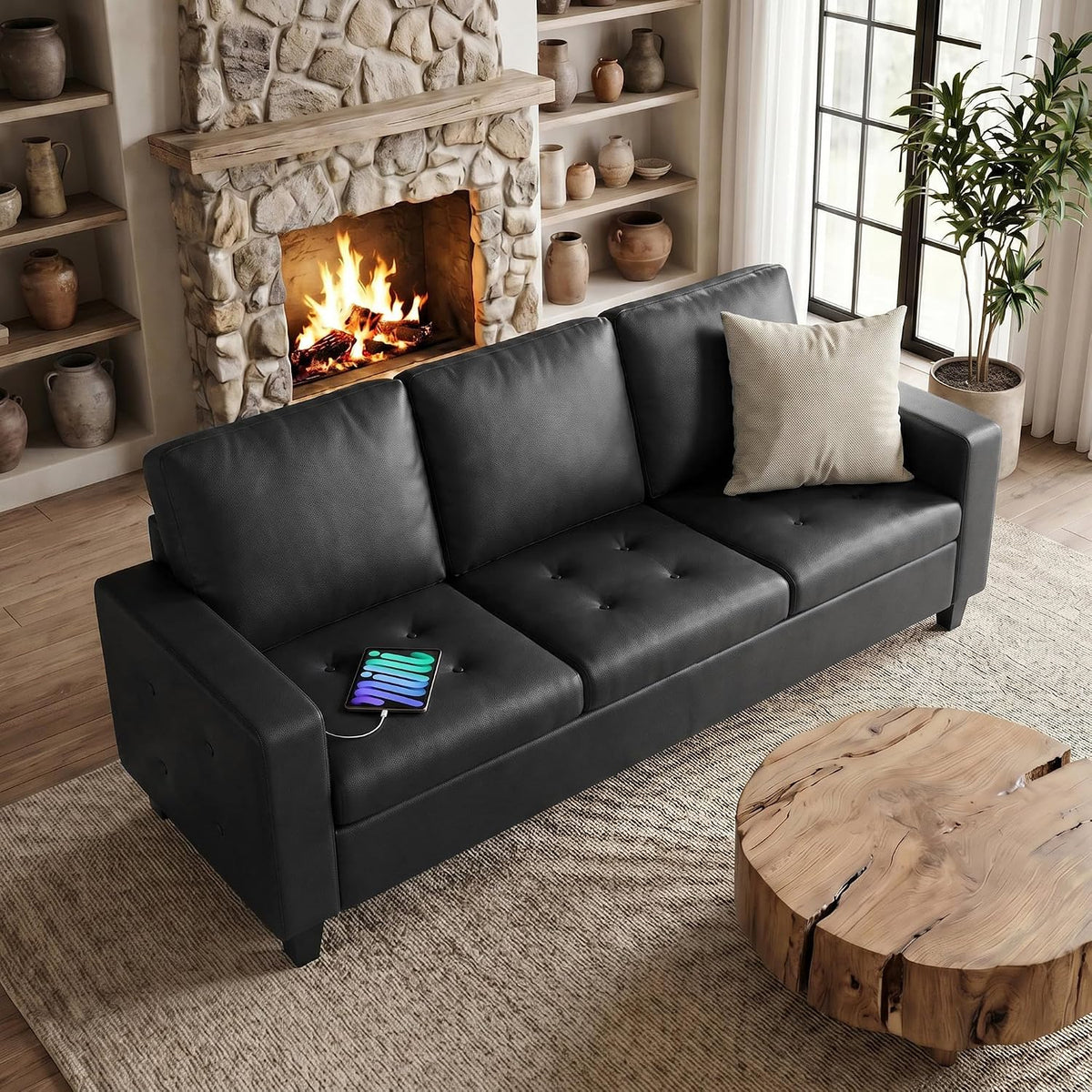 73” Black Faux Leather Couch, Comfy 3 Seater Sofa | STHOUYN, Modern, Tufted Armrest, USB Charger, Small, Living Room, Office, Apartment, Bedroom