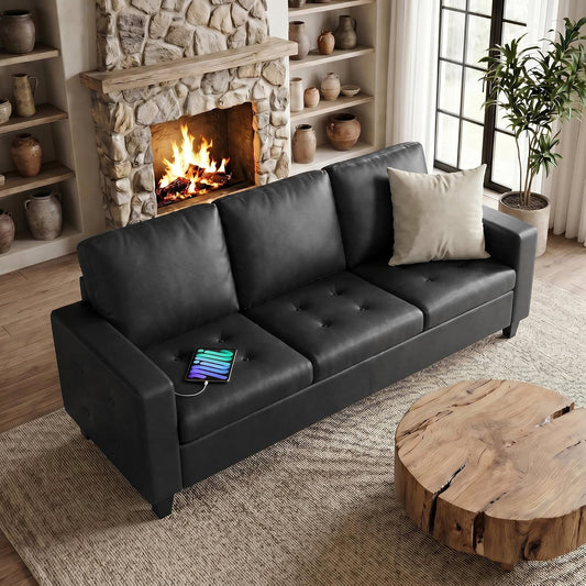 73” Black Faux Leather Couch, Comfy 3 Seater Sofa | STHOUYN, Modern, Tufted Armrest, USB Charger, Small, Living Room, Office, Apartment, Bedroom