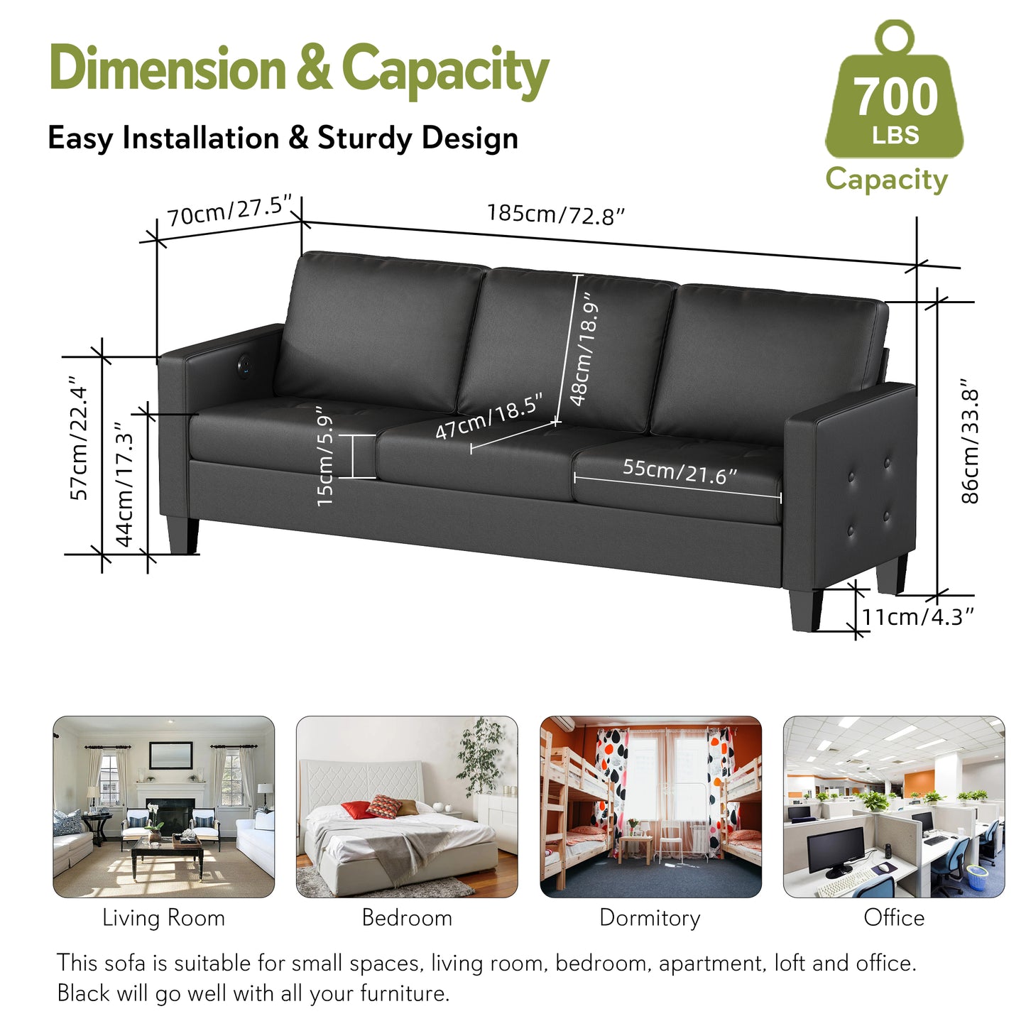 STHOUYN 73” Black Faux Leather Couch, Modern Comfy Office 3 Seater Sofa Couch with Tufted Armrest and USB, Small Love Seat Couches for Living Room, Apartment, Bedroom