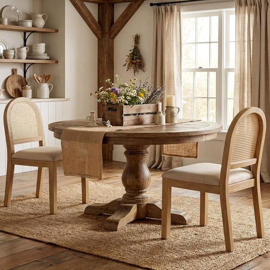 STHOUYN Upholstered Rattan Dining Chairs Set of 2, Farmhouse Solid Wood Dining Room Chair with Natural Rattan Woven Back and Chenille Seat, Mid-Century Modern Wooden Kitchen Chairs (2, Cream White)