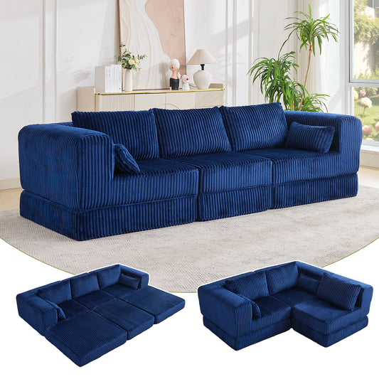 STHOUYN 106" Corduroy Folding Convertible Sleeper Sofa Bed, Blue Pull Out Floor Modular Couch with Pillow, Memory Foam Boneless Couchs Sectional for Living Room Bedroom (3, Navy Blue)