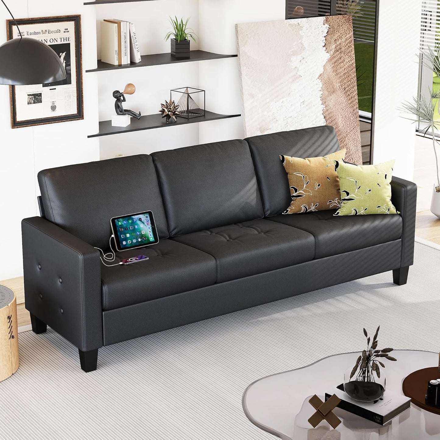 STHOUYN 73” Black Faux Leather Sofa Couch, Modern Comfy Office 3 Seater Couch Loveseat with USB and Tufted Armrest, Small Love Seat Couches for Living Room, Bedroom, Apartment