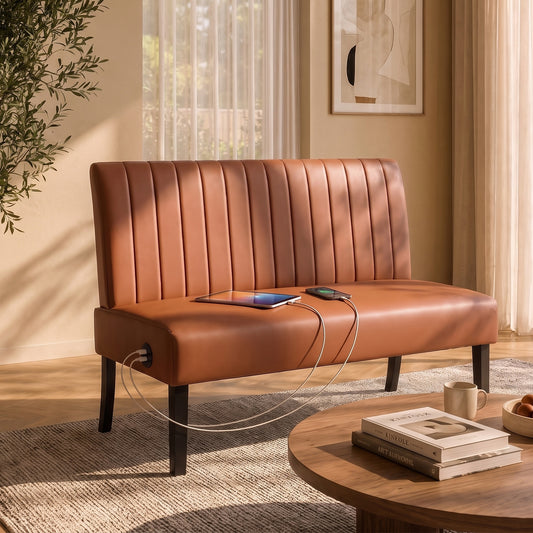 STHOUYN Armless Loveseat, Faux Leather Loveseat with USB-C for Office, Brown Leather Love Seat, Mini Couch with USB & Type-C, Pocket Coil Seat, Small Sofa for Bedroom, Dorm, Waiting Room, Brown