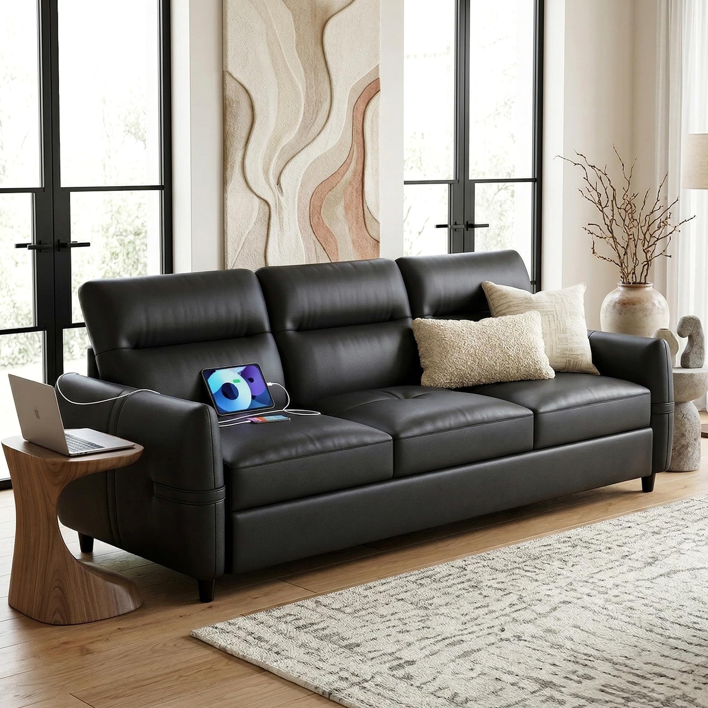 85'' Black Faux Leather 3-Seater Couch with USB, Large Living Room Sofa | STHOUYN, Mid-Century Modern, Comfy Seating, Office, Apartment, Bedroom, Wide Arms