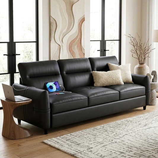85'' Black Faux Leather 3-Seater Couch with USB, Large Living Room Sofa | STHOUYN, Mid-Century Modern, Comfy Seating, Office, Apartment, Bedroom, Wide Arms