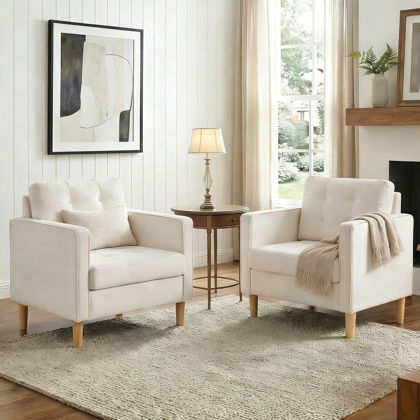 STHOUYN Accent Chair Set of 2, Living Room Chairs w/ Solid Wood Legs, Mid Century Modern Reading Chair for Bedroom, Upholstered Comfy Armchair, Single Sofa for Waiting Room, White(2)