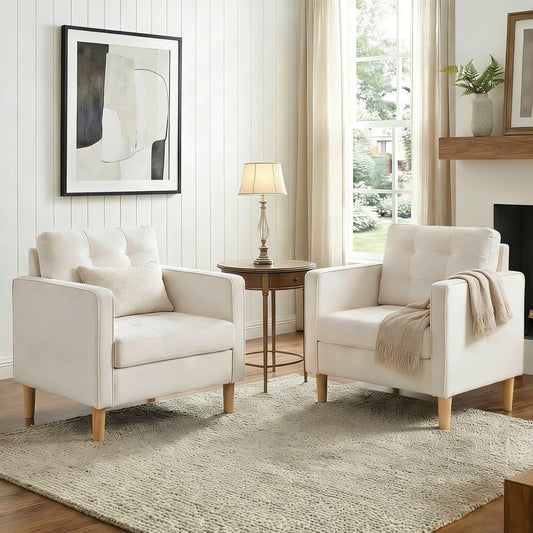 STHOUYN Accent Chair Set of 2, Living Room Chairs w/ Solid Wood Legs, Mid Century Modern Reading Chair for Bedroom, Upholstered Comfy Armchair, Single Sofa for Waiting Room, White(2)