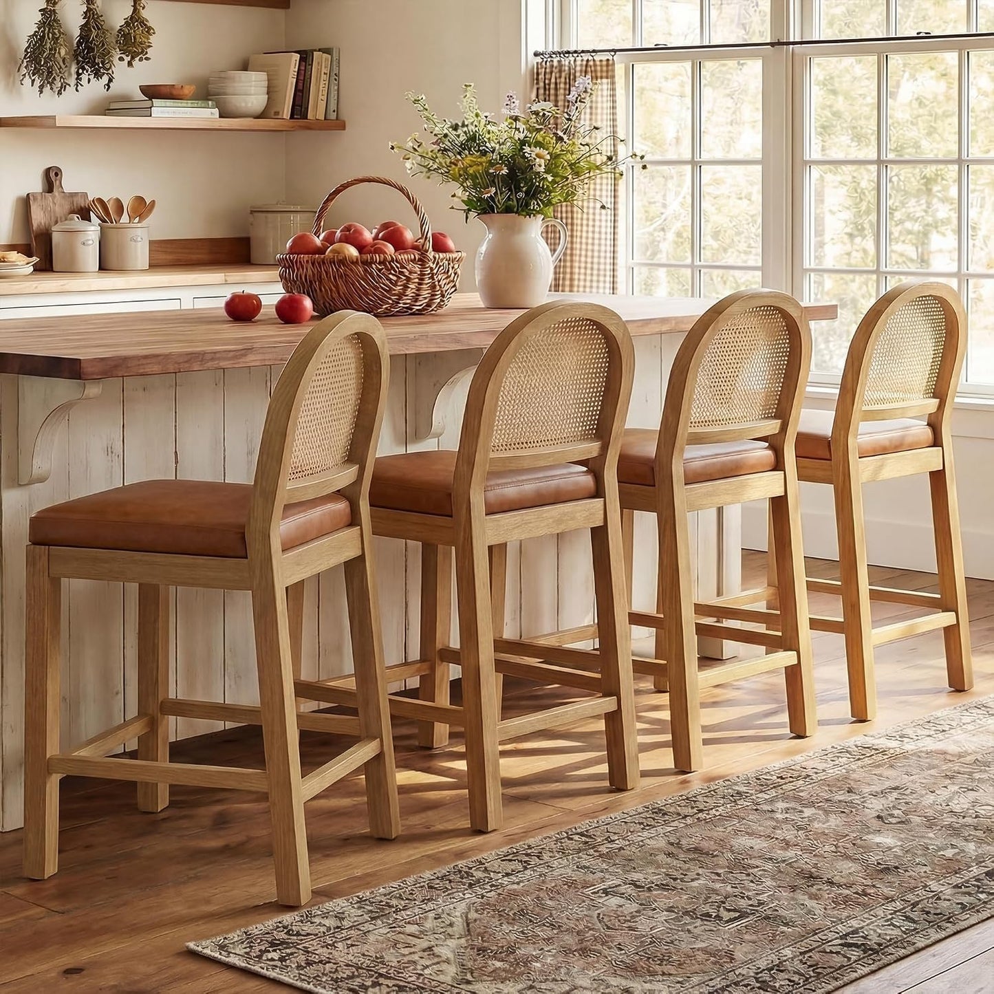 STHOUYN Upholstered Rattan Bar Stools Set of 4, Wooden Island Chairs, Brown