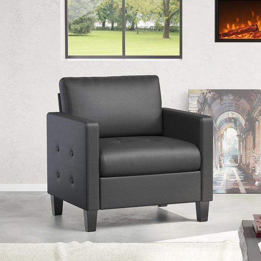 STHOUYN Accent Chair, Black Faux Leather Chair, Mid-Century Modern Living Room Chairs, Cozy Office Reading Chair with Tufted Seat and Armrest, Reception Armchairs for Bedroom, Waiting Room (1)