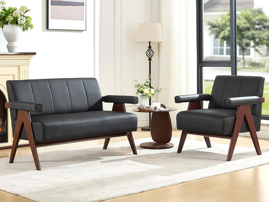 STHOUYN Black Leather Loveseat Sofa and Accent Chair, Mid-Century Modern Office Furniture Couch and Chair Set, Small Love Seat Couches with Wood Arm, 2 Pieces Living Room Furniture Sets (2)