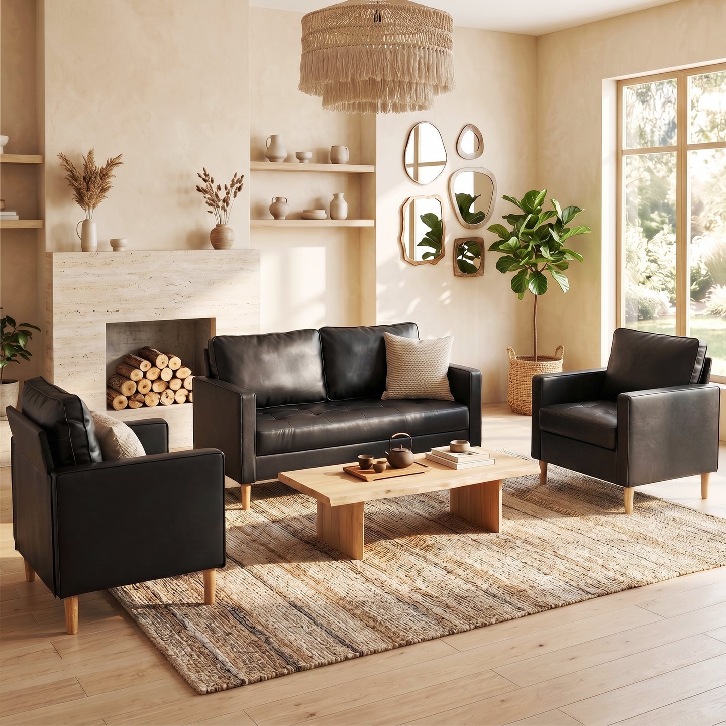 Faux Leather 3 Piece Living Room Set, Accent Chairs Set 2 Loveseat Black