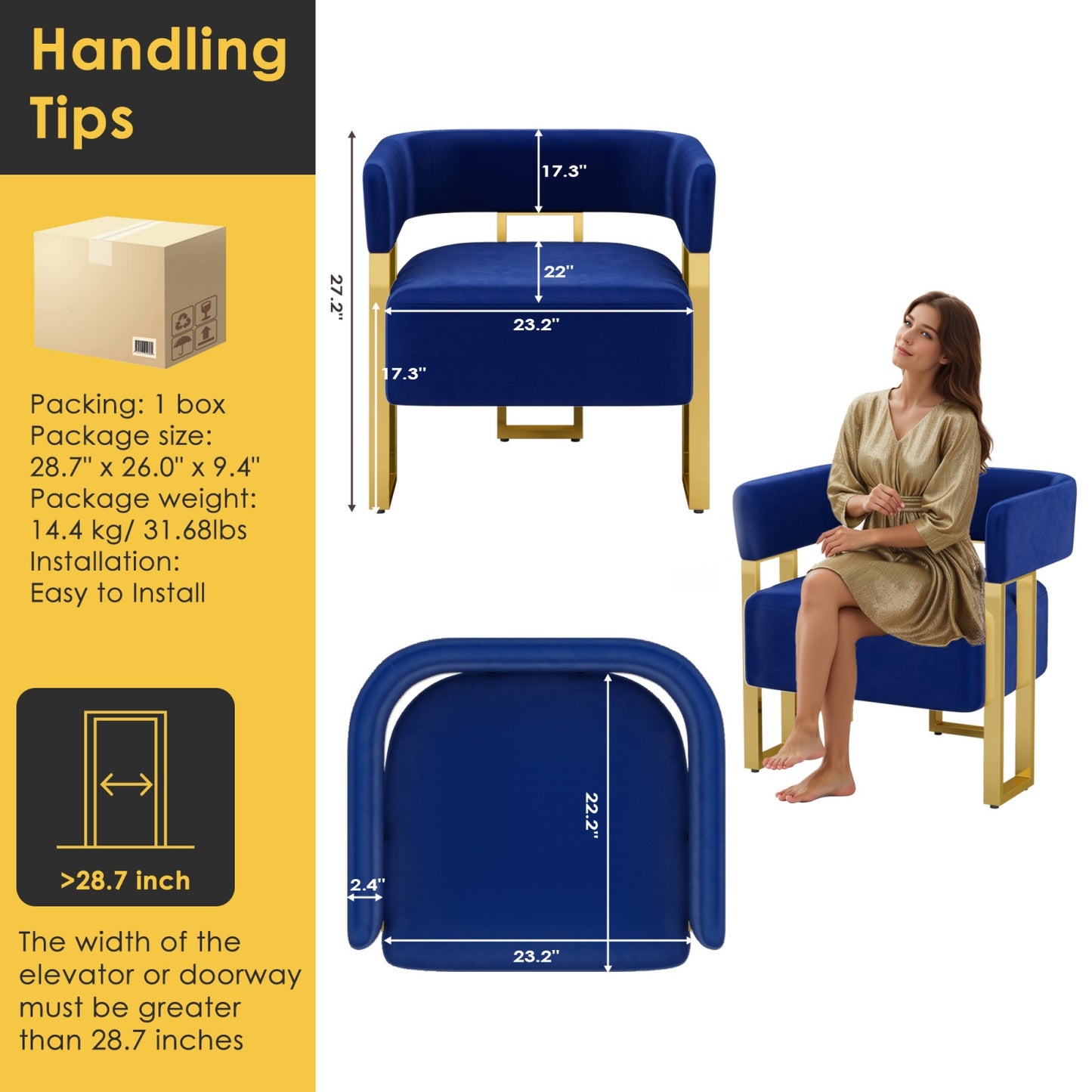 STHOUYN Modern Blue Velvet Dining Chairs Set of 4 with Gold Metal Legs, Mid Century Barrel Kitchen Chairs Set, Upholstered Accent Armchairs Dining Room Table Set, Living Room, Apartment (Blue, 4pcs)