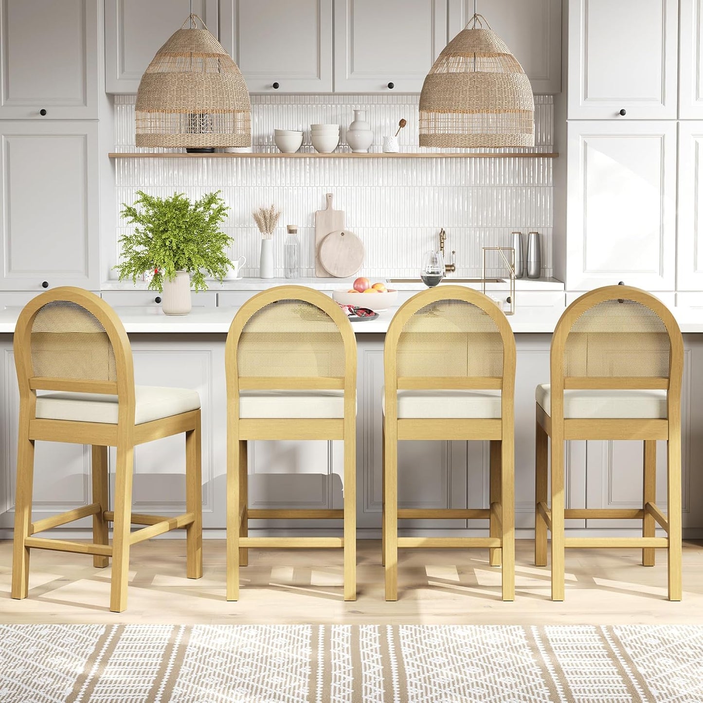 STHOUYN Upholstered Rattan Bar Stools Set of 4, Wooden Counter Height Stools with Natural Rattan Woven Back and Chenille Seat, Mid-Century Modern Island Chairs Barstools for Kitchen (4, Cream White)