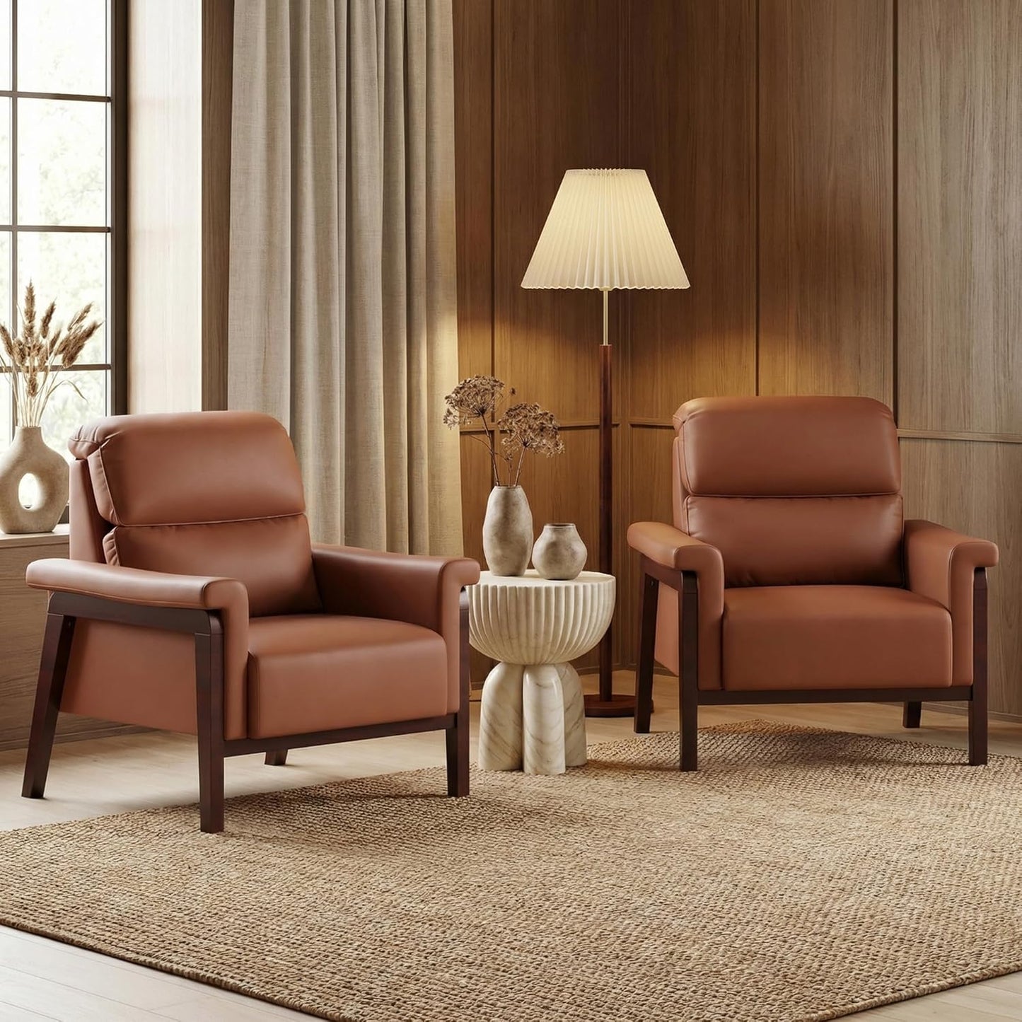 STHOUYN Oversized Leather Accent Chair, Mid Century Modern Office Arm Chair with Solid Wood Legs & High Backrest, Comfy Upholstered Side Sofa Chair for Living Room, Waiting Room, Bedroom (2, Brown)