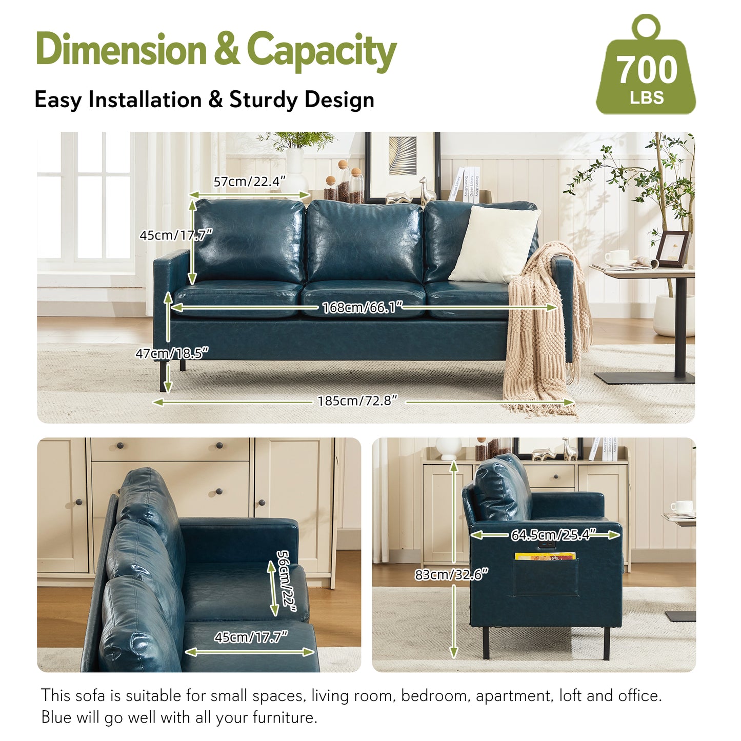STHOUYN 73" W Faux Leather Couch w/ 2 USB, Leather Sofa w/Side Pockets, Wooden Frame 3 Seat Couch for Livingroom, Office, Appartment (Blue, 3 Seater)