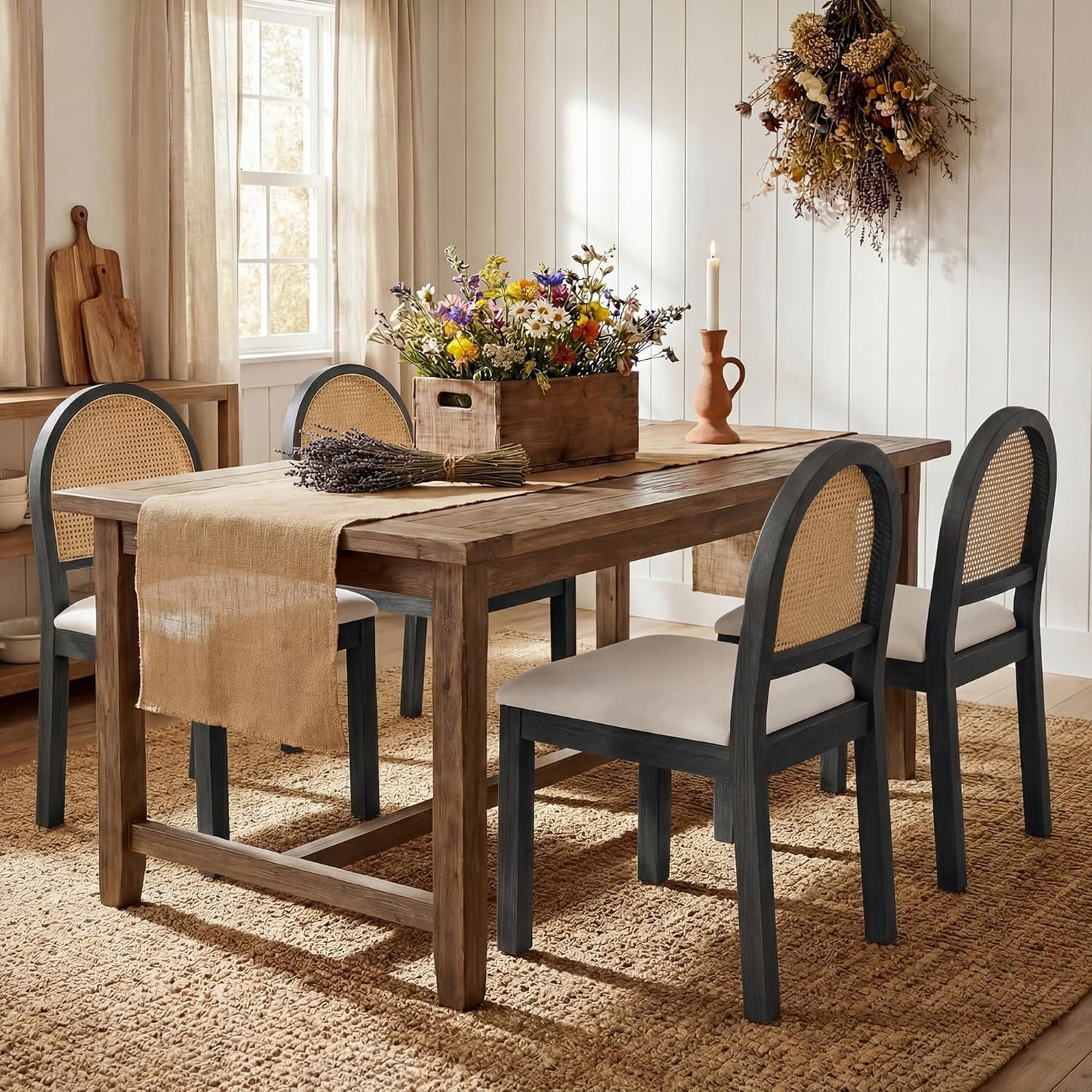 STHOUYN Upholstered Rattan Dining Chairs Set of 4, Farmhouse Solid Wood Dining Room Chair with Natural Rattan Woven Back and Chenille Seat, Mid-Century Modern Wooden Kitchen Chairs (4, Black)