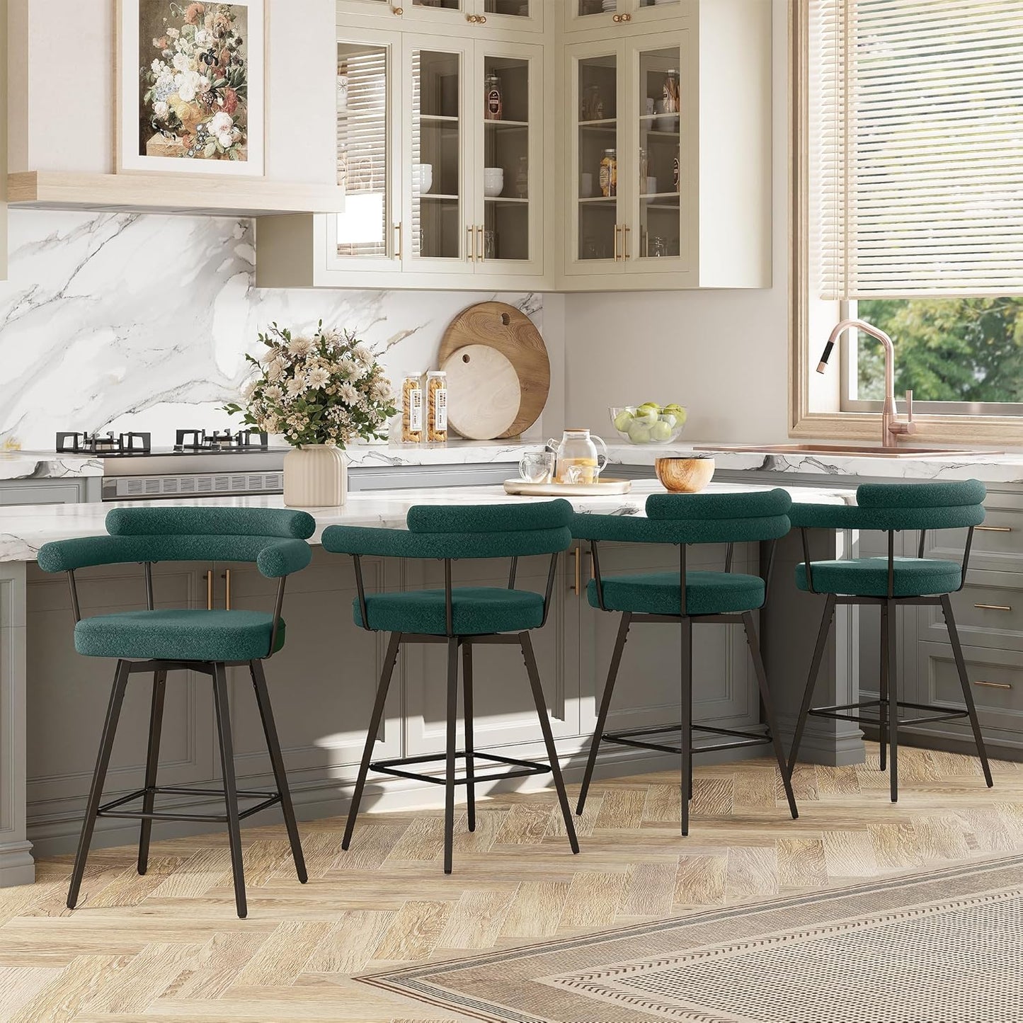 STHOUYN 26” Swivel Bar Stools Set of 4, Mid-Century Modern Boucle Counter Height Bar Stools with High Back and Metal Legs, Upholstered Bar Chairs Barstools for Kitchen Island, Dining Room (4, Green)