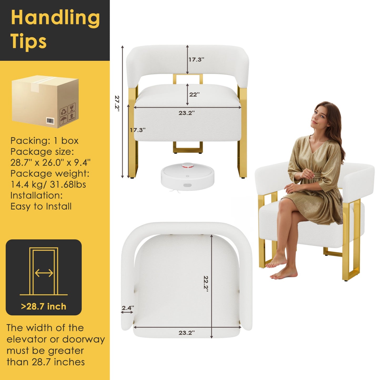 STHOUYN Modern White Boucle Dining Chairs Set of 4 with Gold Metal Legs, Mid Century Barrel Kitchen Chairs Set, Upholstered Accent Armchairs Dining Room Set, Living Room, Apartment (White, 4pcs)