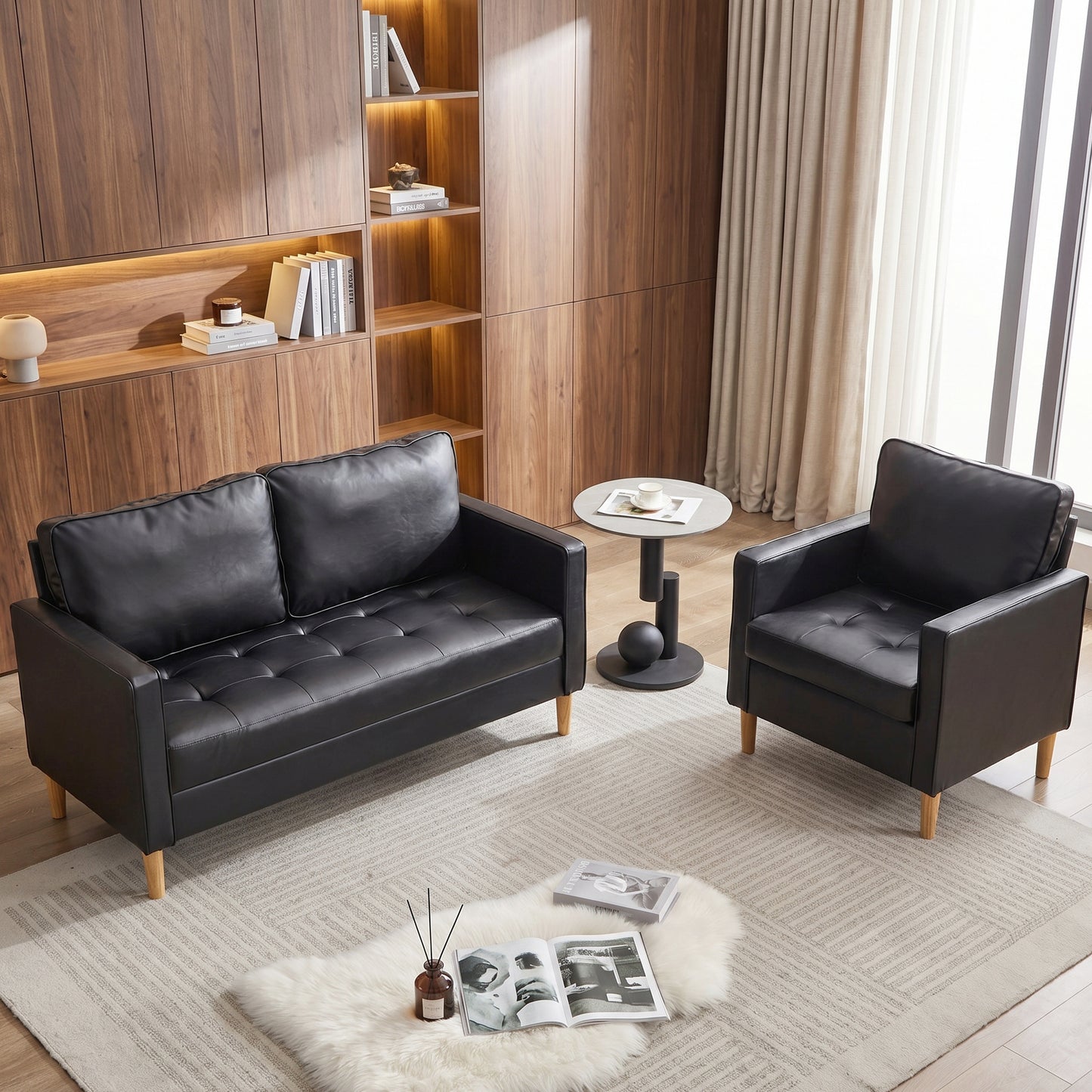 Faux Leather 2 Piece Living Room Set, Accent Chair and Loveseat Set Black