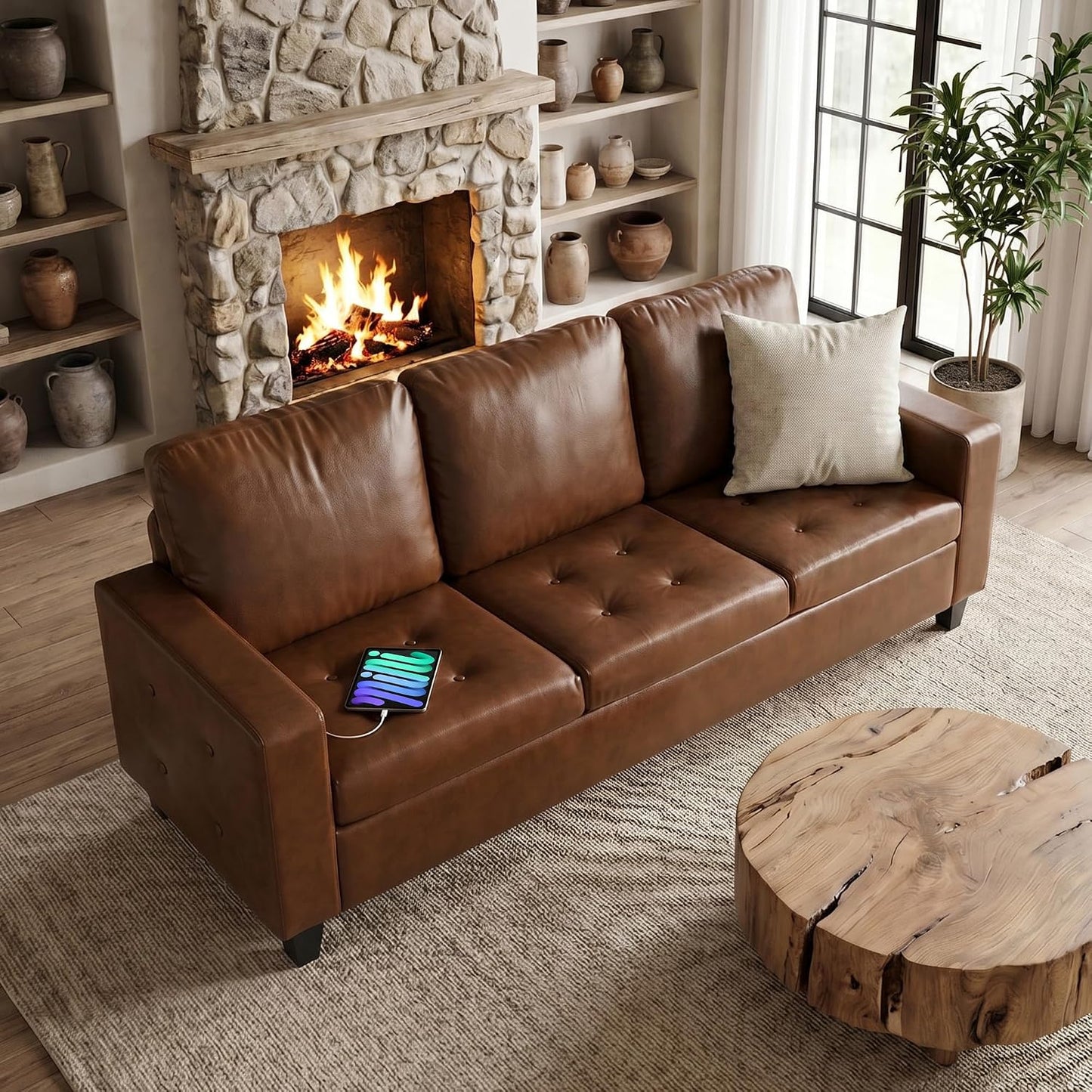 73” Modern Brown Faux Leather Sofa, Office 3 Seater Couch