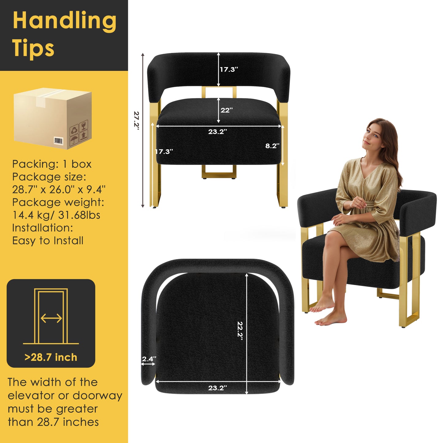 STHOUYN Modern Black Boucle Dining Chairs Set of 4 with Gold Metal Legs, Mid Century Barrel Kitchen Chairs Set, Upholstered Accent Armchairs Dining Room Set, Living Room, Apartment (Black, 4pcs)